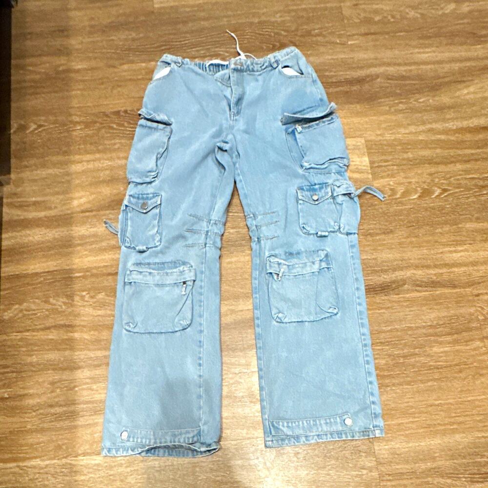 IF Boutique Jeans Womens L Blue Light Wash Denim Straight Cargo Pockets Mid